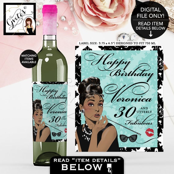 Happy Birthday 30th Wine Labels - Audrey Hepburn PERSONALIZED birthday wine bottle stickers. {3.75x4.5"/4 Per Sheet}