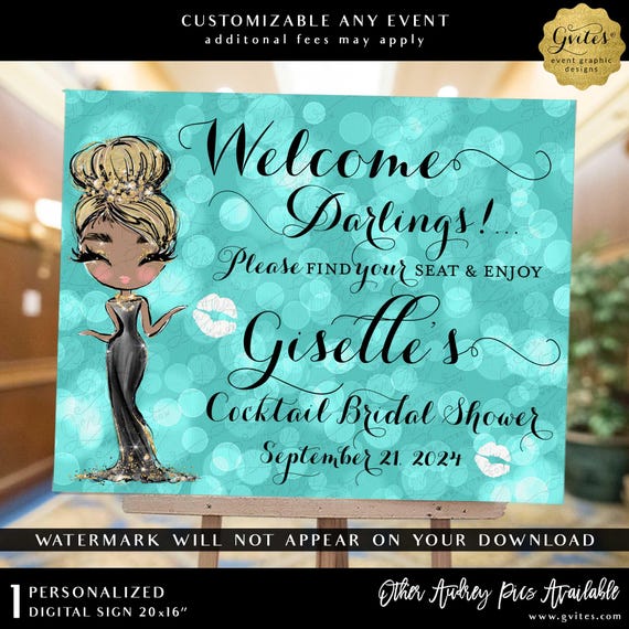 Cocktail Bridal Shower Welcome Sign African American Audrey Hepburn Party Venue Decor | Printable Digital File