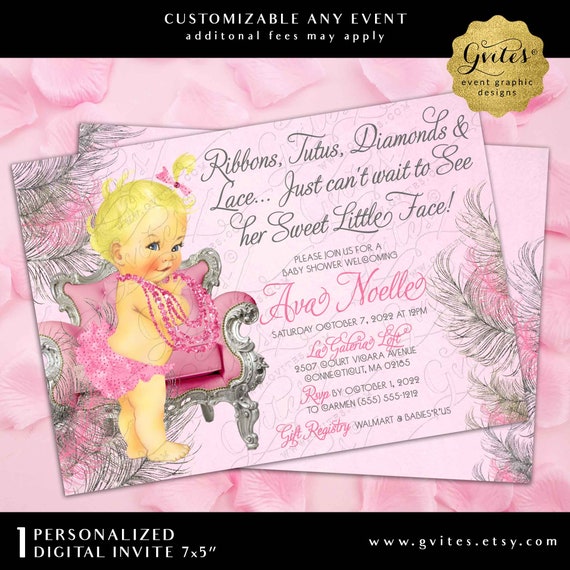 Printable Baby Shower Invitation Blonde Baby Girl Hot Pink & Silver Watercolor Grunge Feathers 7x5"