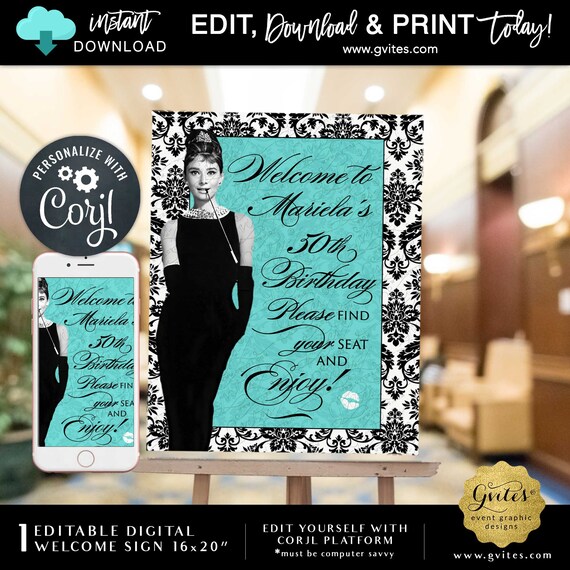 Welcome Audrey Sign 50th Birthday / Hepburn Breakfast Classic Theme Poster Instant Download 16x20"