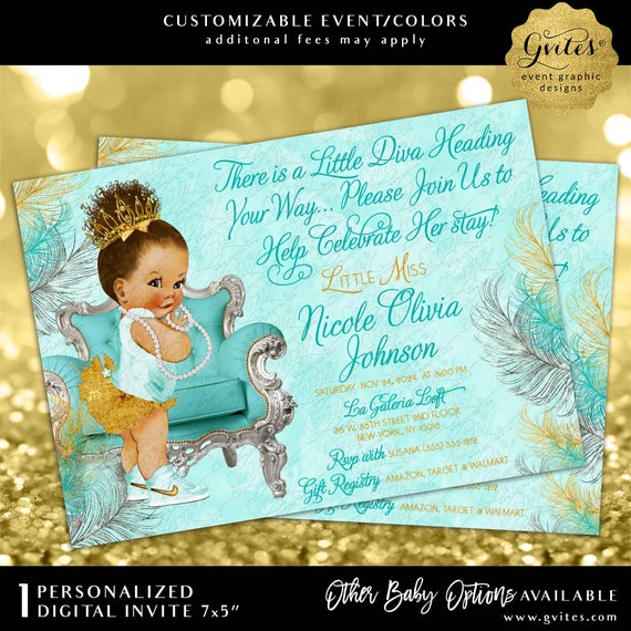 Sparkly Feathers Turquoise Blue & Lava Gold and Silver Afro Bun Princess Diva Baby Shower 7x5" Printable/Digital