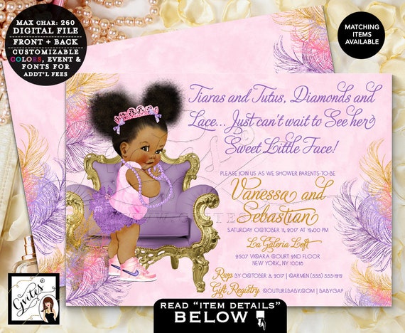 Pink Purple and Gold Baby Shower/ African American Princess Invites/ Afro Bun Puffs Tiara Digital file/ Printable/ 7x5 Double Sided. Gvites