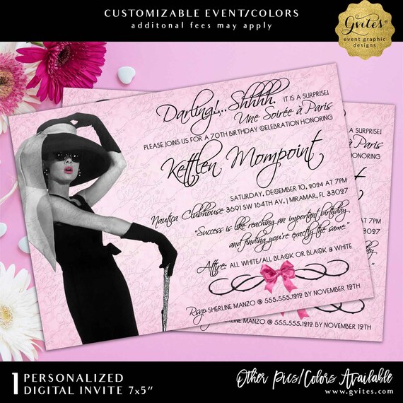 Surprise 70th Birthday Soirée a Paris | Audrey Hepburn Custom Invitation Design