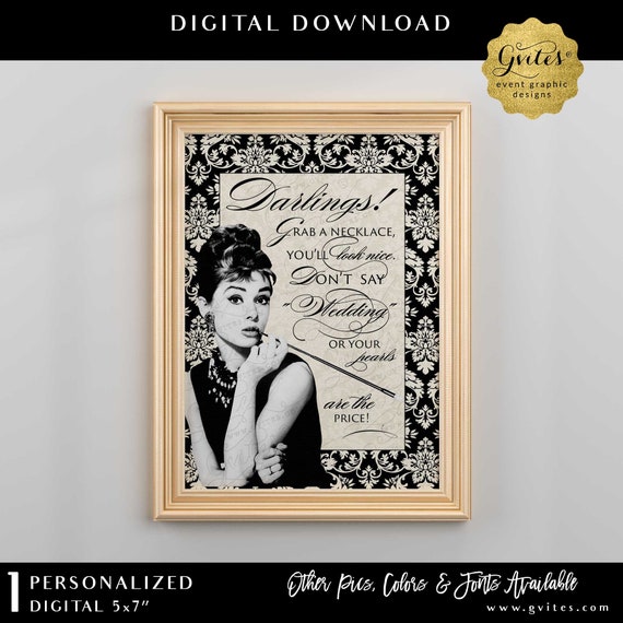 Pearl Necklace Game Don't Say Wedding Bridal shower games Audrey Hepburn, Ivory and Black Damask breakfast at themed co 5x7"