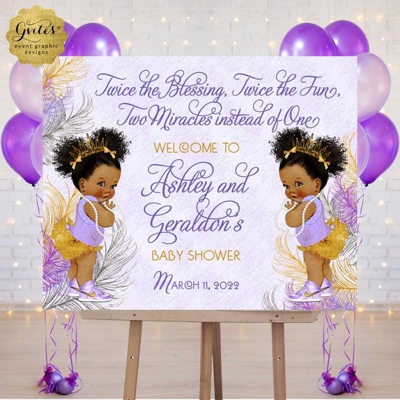 Twins Baby Shower Welcome Sign Princess Afro Puffs Periwinkle Plum Orchid Silver & Lava-Gold Watercolor Feathers by Gvites