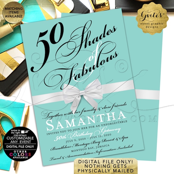 50 Shades of Fabulous Birthday Getaway Customizable Invitation. 5x7" Double Sided. DIY/JPG/PDF Printable File.