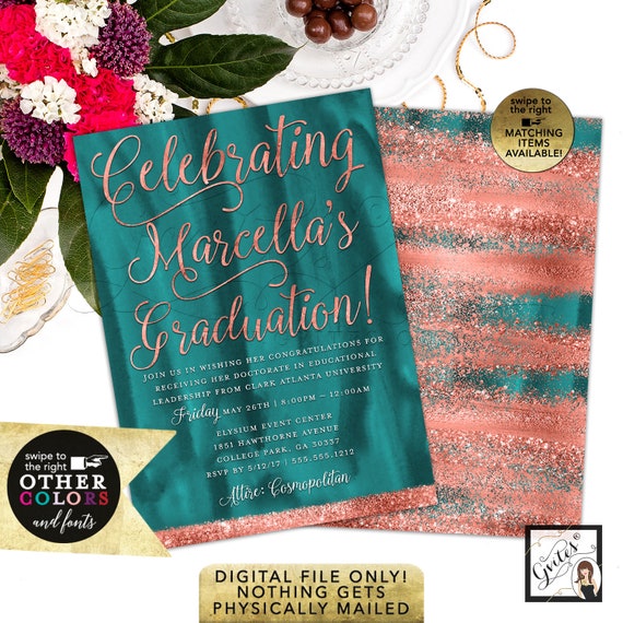 Teal & Copper Graduation Invitations/ Printable Coral Custom Invites/ High School College Graduation Party Il_570xn