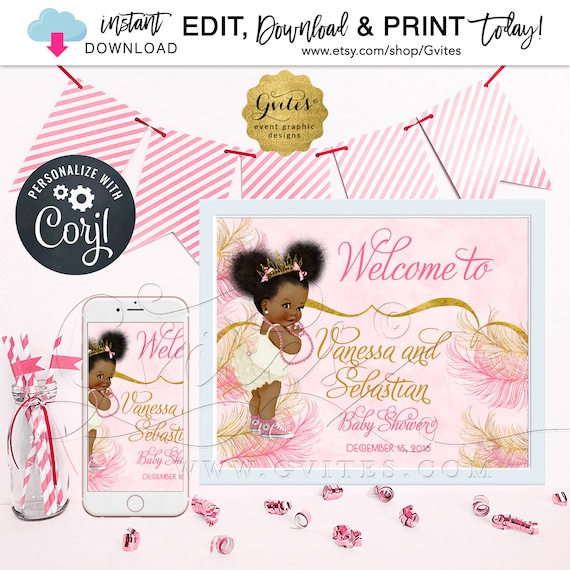 Welcome Sign Sparkly Feathers Pink & Gold Watercolor Afro Puffs Princess Baby Shower