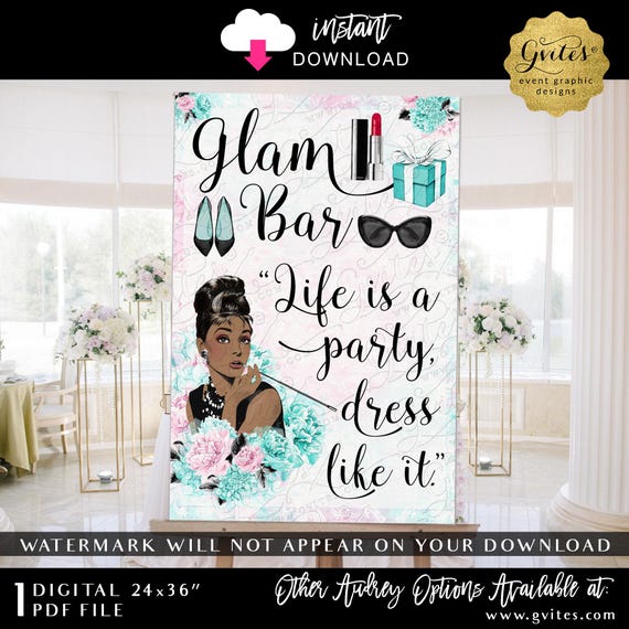 Printable Glam Bar Sign "Life is a party, dress like it" Audrey Hepburn Floral African American Digital Poster | 24x36"  Instant Download