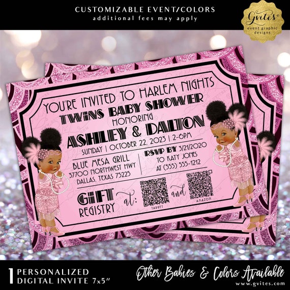Harlem Nights Twins Baby Shower Invitation with QR Code | Bubblegum Pink Fuchsia Vintage 1920s Old Hollywood Printable Party 5x7"