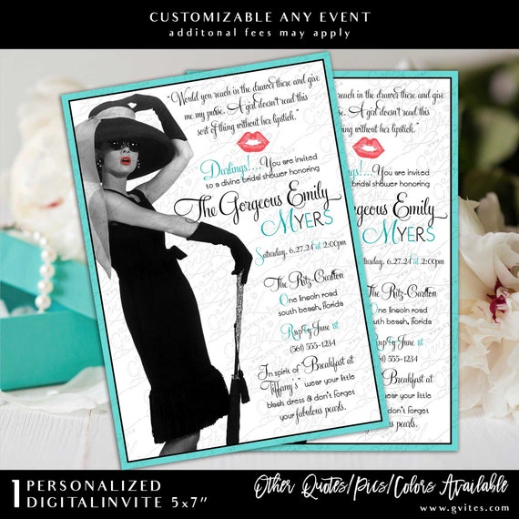 A girl doesn't read that sort of thing without her lipstick on. Audrey Hepburn Custom Bridal Shower Printable Invitation. 5x7" Digital
