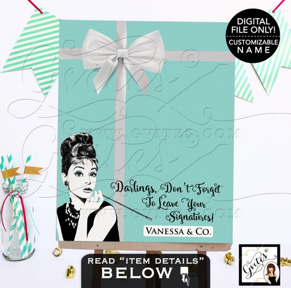 Audrey Hepburn Guest Book Alternative Poster Printable Sign / Breakfast at Guestbook sign our guest book Blue poster signs