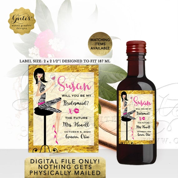 MINI Wine Labels Will you Be Bridesmaid Pink Gold Bridal Shower | Printable Digital 2x2.5" 12 Per/Sheet | By Gvites