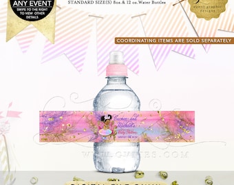 May include: A clear plastic water bottle with a pink cap and a rectangular label featuring a watercolor pink and purple background, gold feather illustrations, and text reading Carmen and Michael's Baby Shower March 9th, 2019, measuring 7.5 x 1.5 inches.