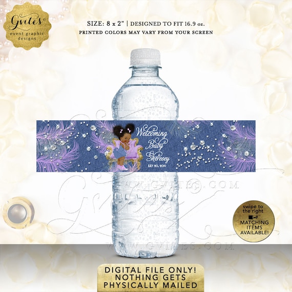 Printable Denim and Diamonds Water Bottle Labels | Blue Jean Gold Purple Lavender Party Favors | Natural Hair Afro Puffs with Ribbon