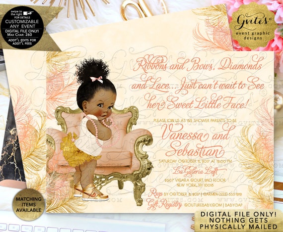 Baby Shower Invitation | Pastel-Peach/ Coral/ Blush/ Gold/ Ivory | African American Afro Puff/ Bun Curly | Printable JPG + PDF | By Gvites