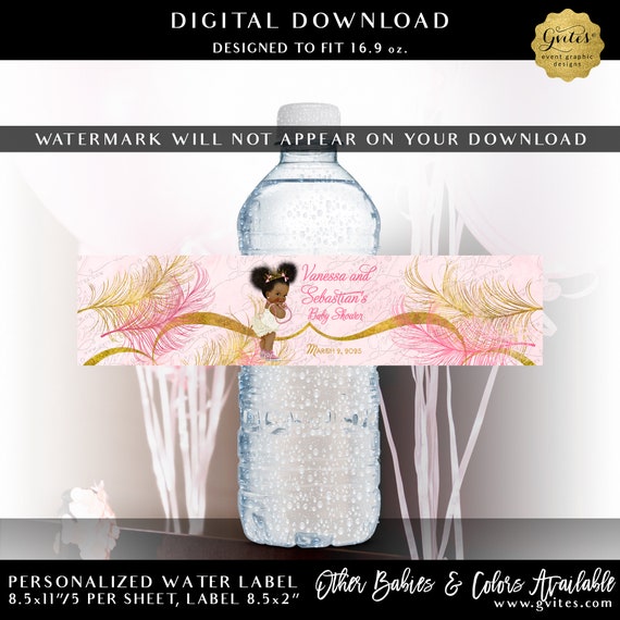 Water Labels Sparkly Feathers Pink & Gold Watercolor Afro Puffs Princess Baby Shower