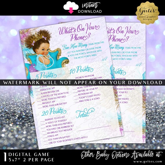 Baby Shower Game What's On Your Phone Card Printable in Purple Gold Turquoise. Instant Download Med/Puffs Curly | 7x5" 2 Per Sheet