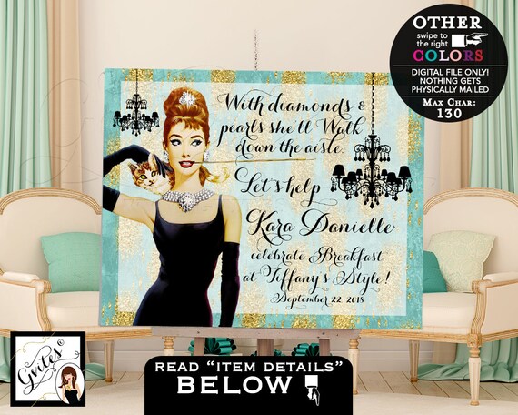 Breakfast Bridal shower Welcome Poster Printable Audrey Hepburn Cigarette Picture with Chandelier Turquoise/Gold Digital 20x16"