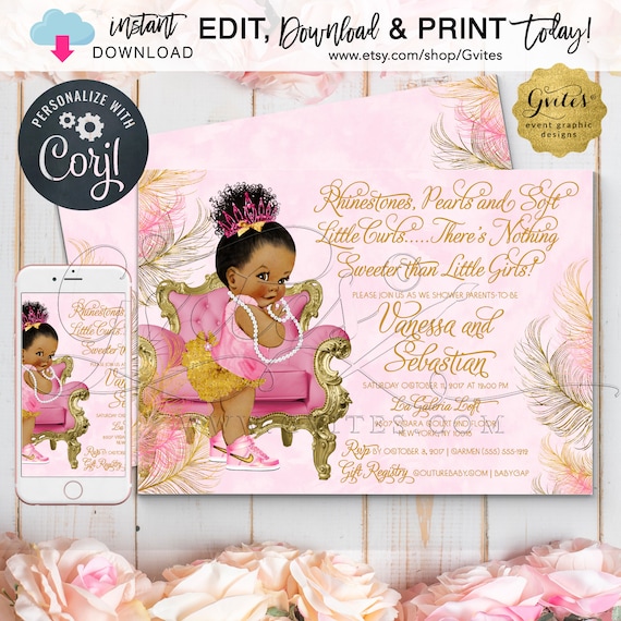 Royal Pink Gold Baby Shower Princess Printable Invitation | Dark Bun Curly {Edit & Print Today w/Corjl}