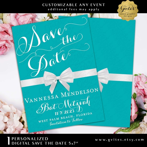 Blue Bat Mitzvah Breakfast at Tiffany's Theme Save The Date Card Il_570xn