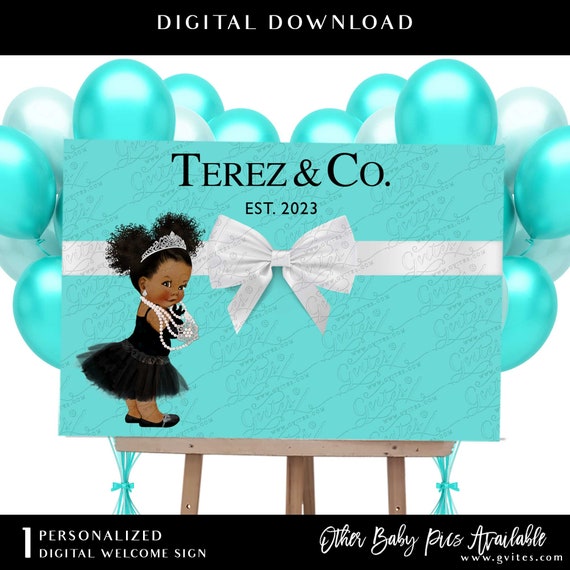 Elegant Baby & Co Shower Backdrop Banner Decoration. Digital Afro Puffs Curly Hair. Ethnic Girl Black Ruffle Dress Theme 36x24" Printable