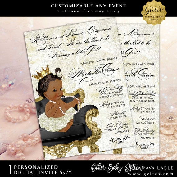 Modern Vintage Ivory Gold Princess Baby Shower Printable Invitation 5x7"