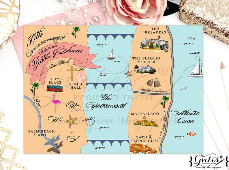 Custom Wedding Maps Florida Wedding Map Palm Beach Wedding Etsy