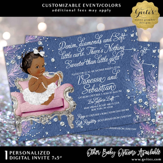 Denim Diamonds and Soft Little Curls Invite. Light Pink Denim Blue and White Diamonds Baby Shower Printable Invitation 7x5"