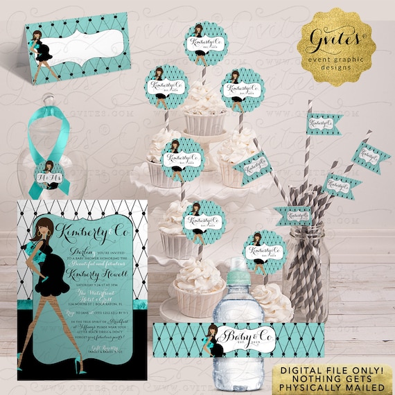 Baby & Co Blue Baby Shower Invitation / Breakfast Blue/Teal/Aqua SET Printable Pack 6-Pc | Digital/JPG+PDF. 5x7"