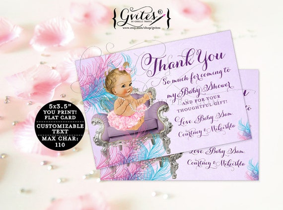 Purple and Turquoise Baby Thank You Cards baby shower ribbons bows/ lavender diamonds pearls/ girl/ flat customizable. {5x3.5" 4 Per/ Sheet}