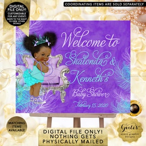 Welcome Baby Shower Sign | Violet Purple Aqua Blue Lilac Watercolor Feathers Princess Afro Puffs African American by Gvites