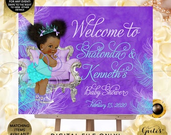 Welcome Baby Shower Sign | Violet Purple Aqua Blue Lilac Watercolor Feathers Princess Afro Puffs African American by Gvites