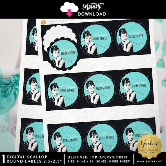 Breakfast Bridal Shower Audrey Hepburn Labels | Printable Party Cupcake Round Scallop Toppers | Designed for Avery® 08218 | Instant Download