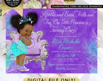 Violeta Púrpura Aqua Azul Lila Acuarela Plumas Tiara Princesa Cumpleaños Invitación imprimible / Afro Puffs Vintage Girl 7x5" Gvites.