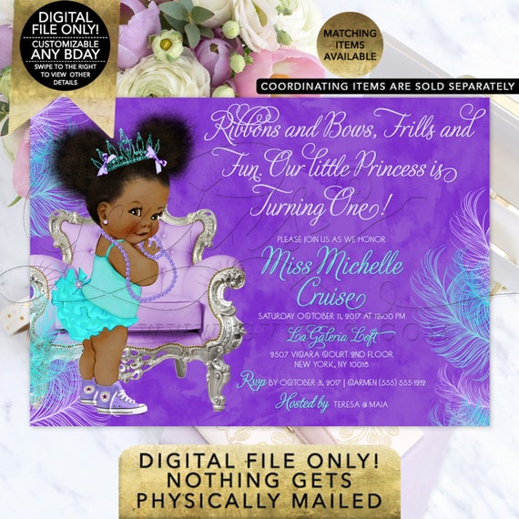 Violet Purple Aqua Blue Lilac Watercolor Feathers Tiara Princess Birthday Printable Invitation | Afro Puffs Vintage Girl 7x5" Gvites.