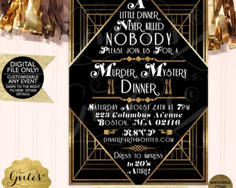 Könnte beinhalten: Eine rechteckige Einladungskarte in Schwarz und Gold mit einem rautenförmigen Zentrum und dem Text A LITTLE DINNER NEVER KILLED NOBODY, PLEASE JOIN US FOR A MURDER MYSTERY DINNER, SATURDAY AUGUST 24TH AT 7PM, 223 COLUMBUS AVENUE BOSTON, MA 02116.