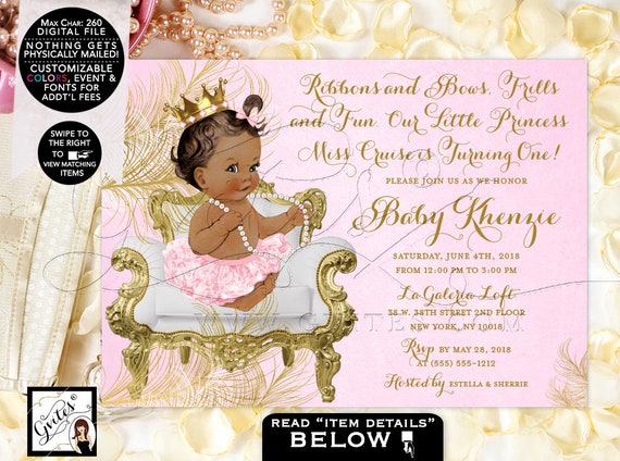 Princess Birthday Invitation Pink Gold Diamonds Pearls | African American Gold Crown {White/ Gold Feathers} | Design: CWCHS-104