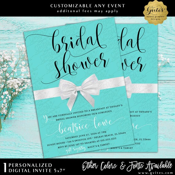 Elegant Bridal Shower Turquoise Blue with White Bow Printable 5x7" Digital Download