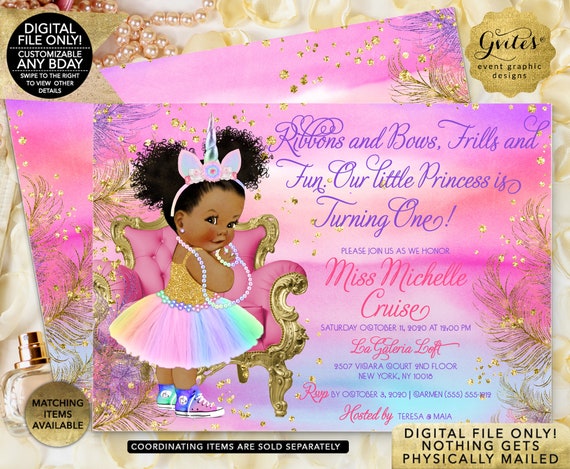 Unicorn Birthday Printable Invitation. Afro Puffs Princess African American Baby Girl. Rainbow Colors Magical Day. Digital File Only! Il_570xn