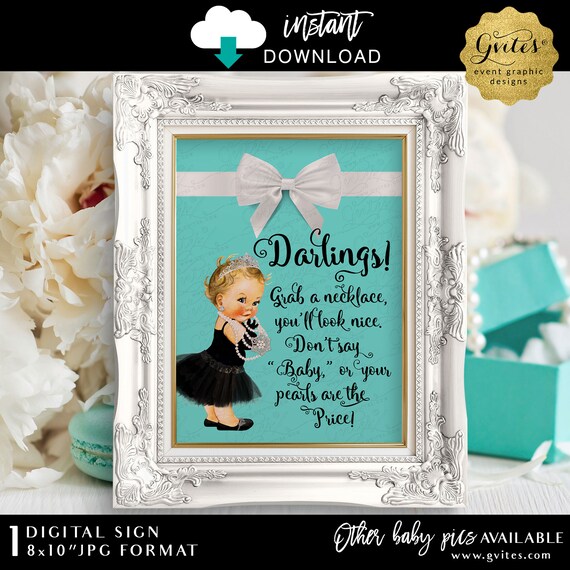 Audrey Hepburn Baby Shower Necklace Sign 8x10" Instant Download | Light/Blonde princess