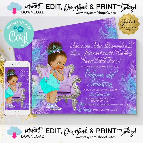 INSTANT EDIT YOURSELF Purple Lavender Blue Aqua Baby Shower | Med/Bun Curly Baby Tiaras Tutus Diamond Lace 7x5" {Personalized with Corjl} Il_570xn