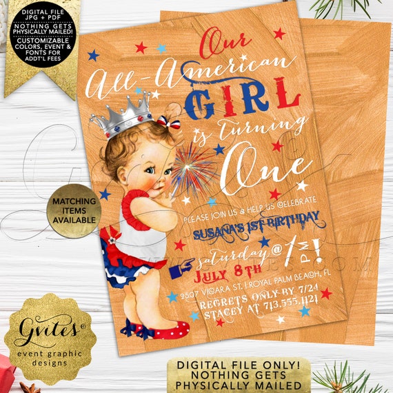 ALL AMERICAN GIRL | First Birthday 4th of July invitation | Patriotic | Rose gold red white & blue | Printable | Digital 5x7" Double Sided