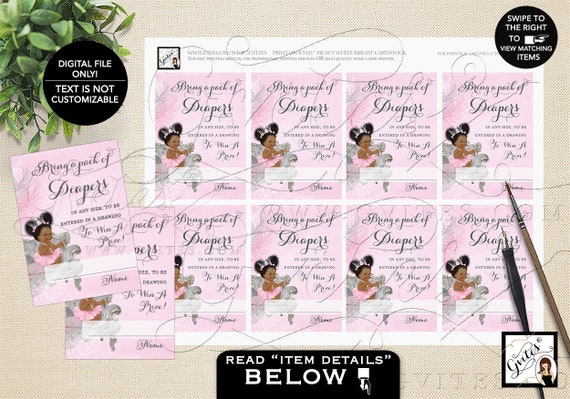 Diaper Raffle Ticket Pink Silver Baby Shower Printable/ Ribbons Diamonds Pearls INSTANT DOWNLOAD 3.5x2.5 8 Sheet {African Baby: Dark/ Puffs}