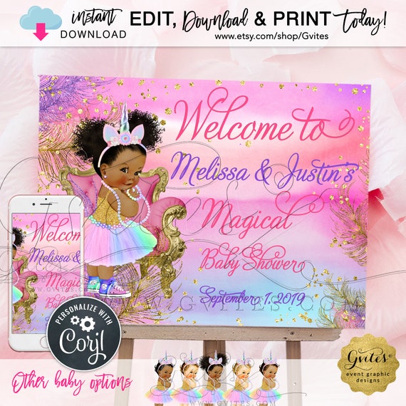 Unicorn Baby Shower Welcome Sign Princess Vintage. Pink Purple Gold Rainbow Afro Puff Baby Girl Clipart & Watercolor Background | 24x18"