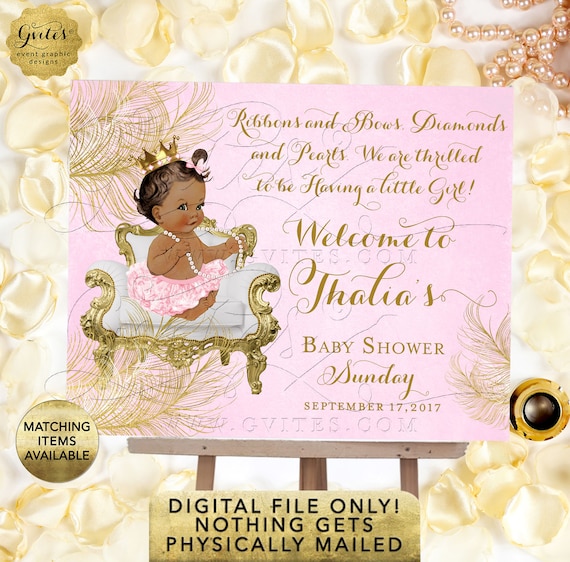 Princess welcome sign baby shower pink gold diamonds pearls| African American gold crown