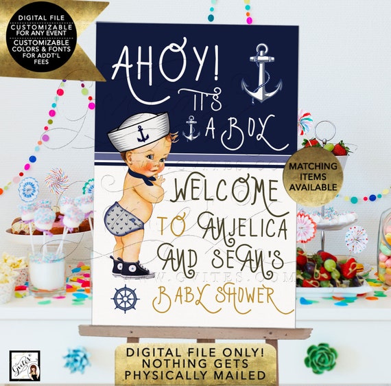 Nautical Baby Shower Welcome Sign Boy Decoration Poster Decor Little sailor printable navy blue and white.
