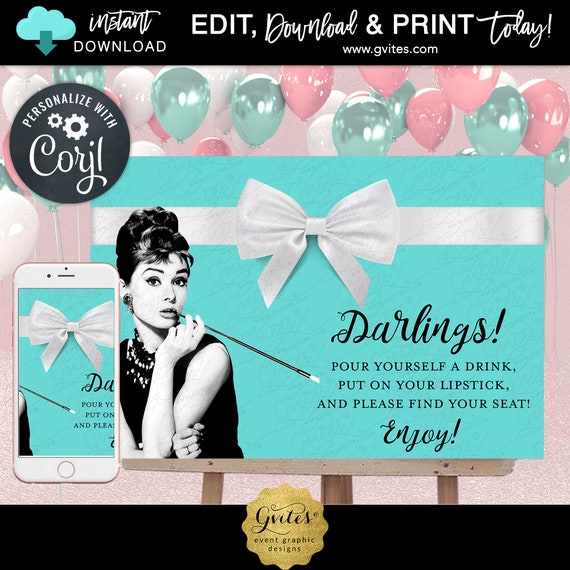 Welcome Bridal Shower Printable Poster Sign / Audrey Hepburn Breakfast Blue Theme {Can print 18x12" & 36x24"}