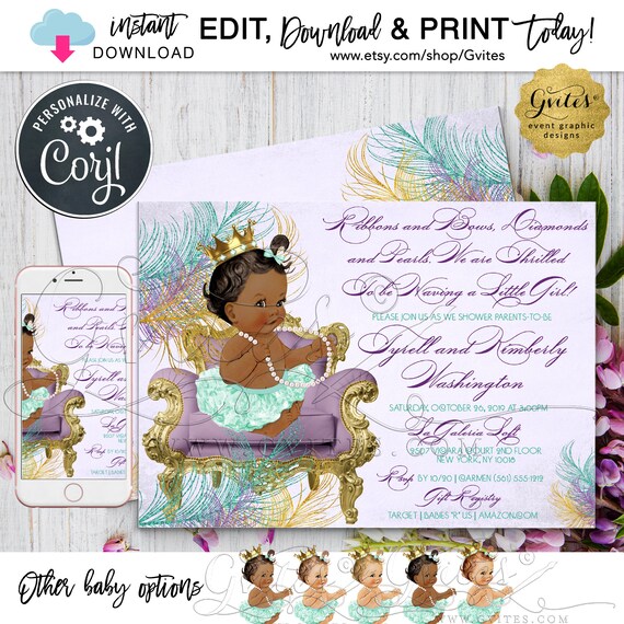 Vintage Baby shower invitation/ ribbons and bows/ diamonds and pearls/ girl printable invites/ purple and teal/ african american/ 7x5 Gvites