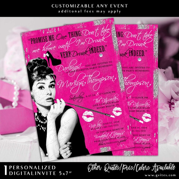 Vintage Pink and Silver Watercolor Audrey Hepburn Bachelorette Party Printable Invitation 5x7"